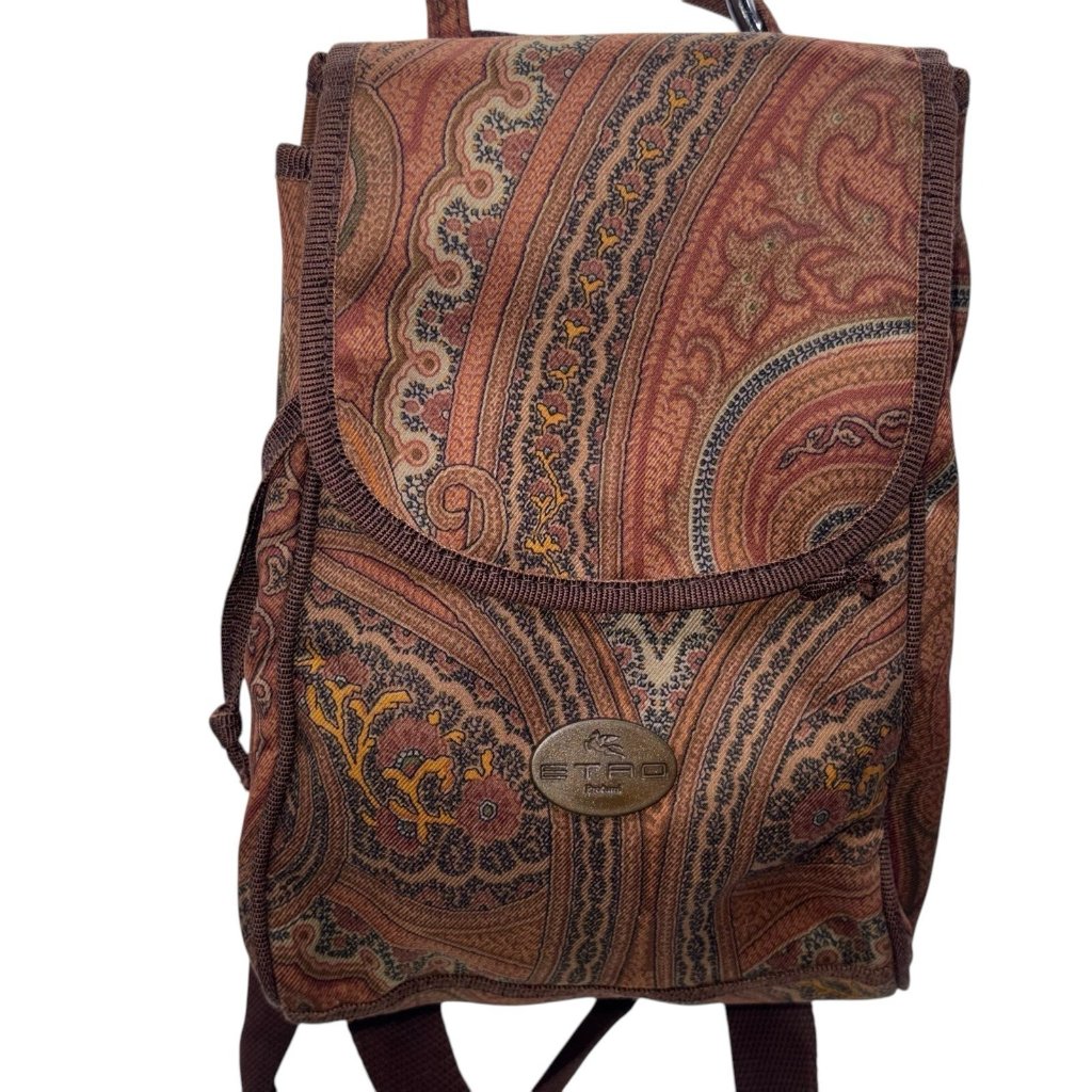 Etro Mini Backpack Bag All-Over Paisley Pattern Nylon Brown
